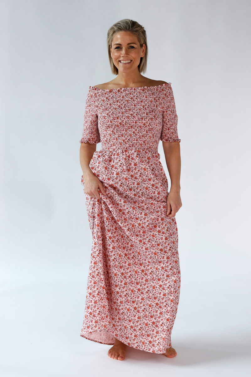 Pink dress hotsell with blue flowers